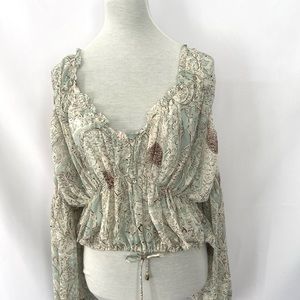 Indikah Boho Green Tiered Crinkle Tunic Top, Size Medium